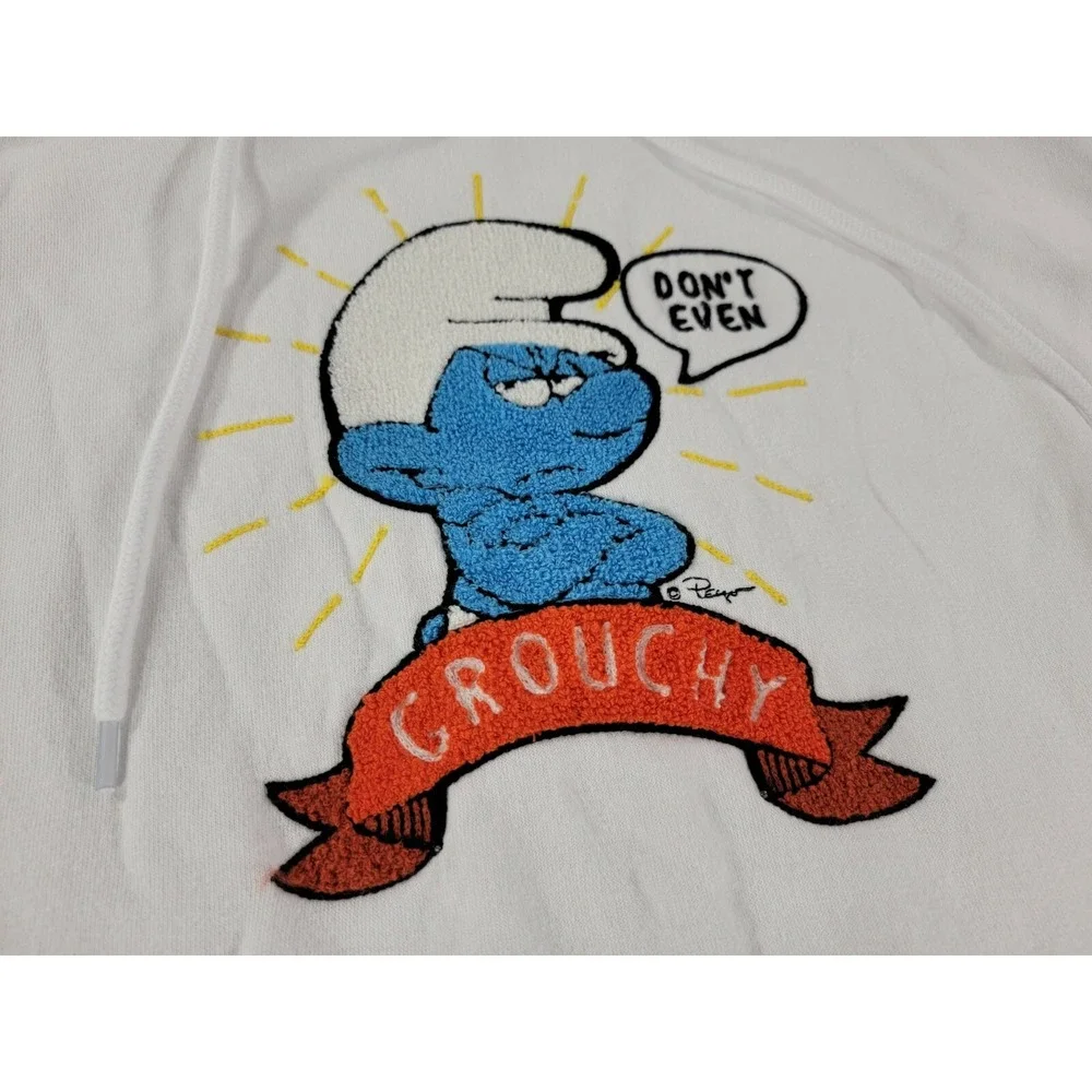 VTG The SMURFS White Hoodie Patch Appliqué Graphic GROUCHY Sweatshirt Adult Sz L